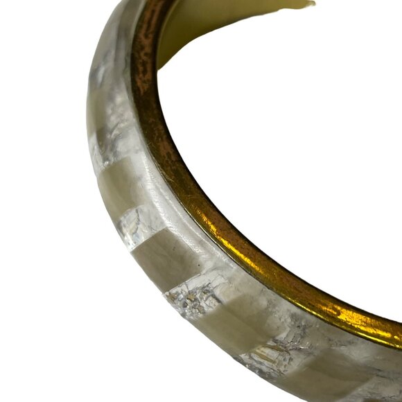 Vintage Y2K Bangle Bracelet Silver Leaf Resin Overlay Gold Tone Striped u - Picture 3 of 5